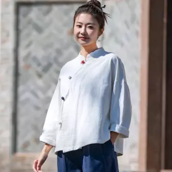 Китайская винтажная женская блузка, традиционная одежда, однотонные Топы ханьфу, Весенняя Новая Элегантная Свободная рубашка из хлопка и льна с длинными рукавами дзен