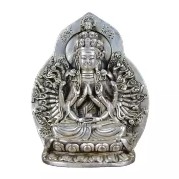 Китайские старые украшения фэн-шуй, белая медь, серебряное покрытие, тысячи рук, статуя Будды Гуаньинь