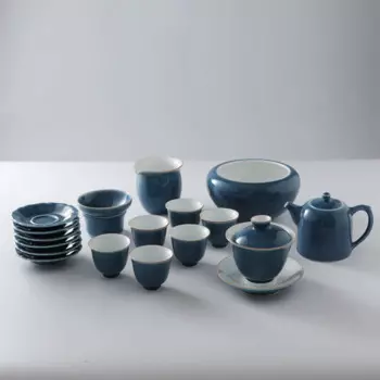 Китайский чайный сервиз Kongfu на 6 персон, Gaiwan, темно-синий белый фарфоровый чайный сервиз, керамический чайный горшок, сахарница, подарок, маття, Обеденный Сервиз