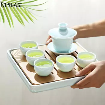 Китайский керамический чайный набор, изысканный келадон, Gaiwan, ручная работа, ситечко, чайные чашки, поднос, бытовая чайная посуда, посуда для напитков, подарки для чайной церемонии
