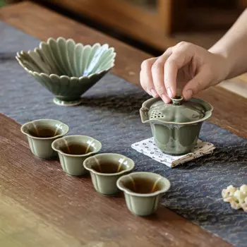 Китайский портативный фарфоровый чайный сервиз Yue с рисунком из селадона, маленький чайный сервиз, китайский керамический чайный сервиз