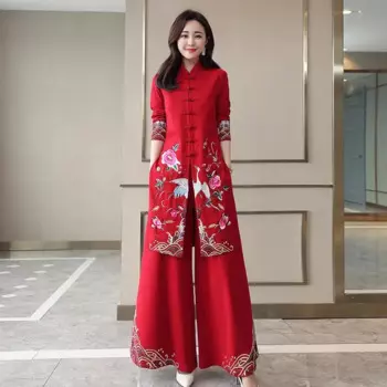 Китайский стиль, винтажный женский костюм Hanfu Midi Qipao из двух предметов, Китайская традиционная одежда, брюки, костюм Тан, халат, Восточная одежда