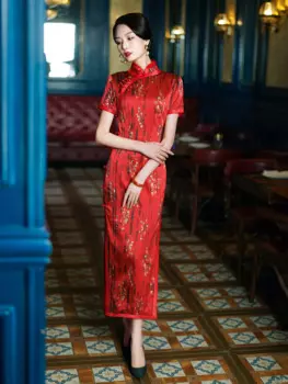 Китайское платье, красное вечернее платье в стиле Ципао, элегантная одежда 2022, сексуальное платье-Ципао для вечерние ринки, восточные платья, китайская одежда