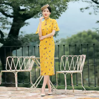 Китайское шелковое желтое платье Qipao с разбитыми цветами, вечерние платья, традиционное платье Ципао с принтом под заказ