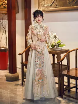 Китайское свадебное платье Ципао с блестками цвета шампанского, потрясающая одежда для невесты, костюм Тан, официальное Бисероплетение, кисточки