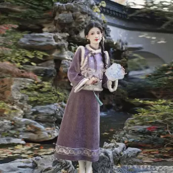 Китайское традиционное платье для девочек, бархатный жилет с пейзажным принтом, воротник-стойка, современное элегантное вечернее платье Cheongsam с длинными рукавами