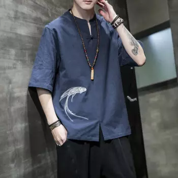 Китайское традиционное платье с вышивкой кои, хлопковая льняная футболка, Мужская одежда, летний топ с коротким рукавом, тонкая футболка Hanfu