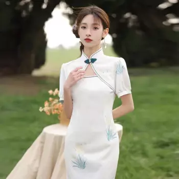 Китайское традиционное сексуальное женское вечернее платье-Ципао с вырезами и коротким рукавом