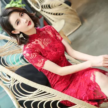 Китайское традиционное женское летнее кружевное платье Ципао с коротким рукавом женское вечернее платье Подиум Новинка женское платье-Ципао с вышивкой