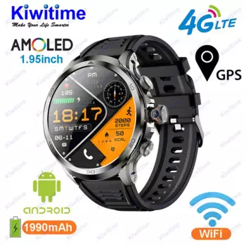 KIWITIME 4G Smart Watch Смарт часы мужские 2024 умные часы 1,95 дюйма AMOLED дисплей GPS WIFI Android SIM-карта фитнес браслет, Камера для видеозвонков, монитор сердечного ритма, часы мужские наручные для Xiaomi Huawei
