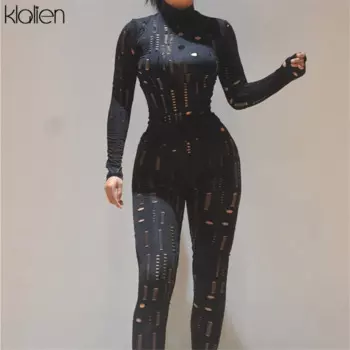 KLALIEN модный сексуальный с вырезами спортивный костюм для фитнеса для женщин осенний обтягивающий эластичный спортивный костюм Женская одежда для активного отдыха Новинка