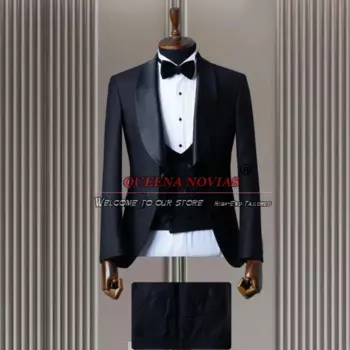 Классическая черная одежда для жениха искусственная атласная куртка с отворотом жилет брюки 3 шт. мужские деловые банкетные свадебные костюмы мужской костюм