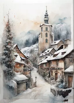 Классическая зимняя деревня на холсте