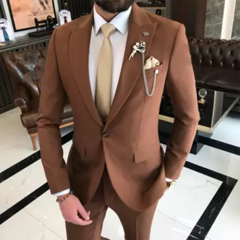 Классические Коричневые костюмы для мужчин, официальный деловой Блейзер, свадебный смокинг для жениха, облегающий костюм из 2 предметов, мужской костюм из пиджака и брюк