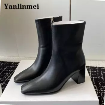 Классические короткие сапоги на квадратном каблуке, женские ботильоны на молнии с маленьким квадратным носком, роскошные женские ботильоны из натуральной кожи на высоком каблуке