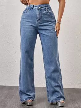 Классические нестандартные синие джинсы Y2K с широкими штанинами и косыми пуговицами, модные повседневные длинные женские джинсы с высокой талией