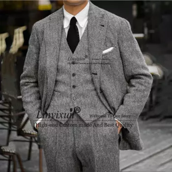Классические Серые Мужские костюмы, приталенный деловой блейзер в елочку, свадебный смокинг для жениха, 3 предмета, куртка, жилет, брюки, мужской костюм