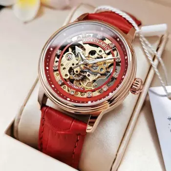 Классические женские часы со скелетом, кожаные автоматические механические элегантные женские часы, водонепроницаемые часы для женщин, reloj para mujer
