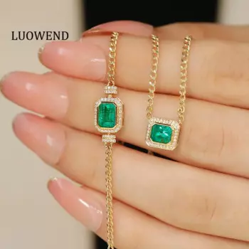 Классический Браслет LUOWEND из 18-каратного желтого золота, кубинская цепочка, Блестящий Бриллиант, натуральный Изумрудный браслет и ожерелье для женщин, ювелирный набор