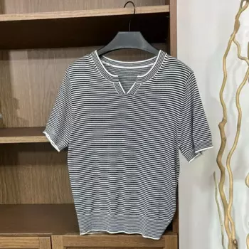 Классический черный и Повседневный тонкий трикотажный топ в полоску с V-образным вырезом и коротким рукавом, женские футболки