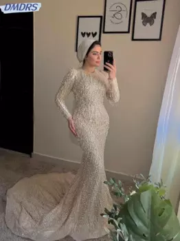 Скромный халат невесты с круглым вырезом и длинными рукавами, блестящие бусы, свадебное платье с мусульманским жемчугом, свадебное платье русалки по индивидуальному заказу Robe De Marie