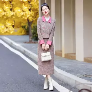 Классический контрастный пиджак + юбка в европейском стиле с лацканами, комплект из двух предметов, женский осенний новый модный костюм 2024, женский офисный женский комплект