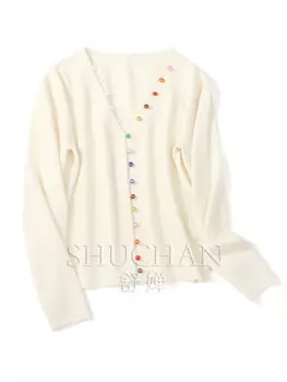 Классический Модный Красочный Дизайн пуговиц! Женский кардиган из 100% чистого кашемира, вязаный шерстяной свитер с V-образным вырезом