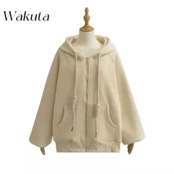 Классический Свободный свитшот с капюшоном и кулиской WAKUTA, Женская Осенняя повседневная кофта с длинным рукавом, свитшоты