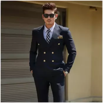 Классический Темно-Синий Облегающий Свадебный мужской костюм, 2 предмета, мужские смокинги для вечеринки, выпускного, Свадебные Мужские костюмы (пиджак + брюки + галстук)