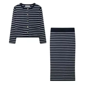 Классический темно-синий свитер в полоску, комплект с длинной юбкой, вязаная куртка + яркая искусственная кожа, осенне-зимний женский костюм, элегантные наряды