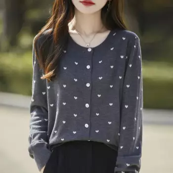 Классический жаккардовый кардиган 2024, женский вязаный модный свитер из 100% европейской шерсти с круглым вырезом, однобортный, высококачественные свободные топы