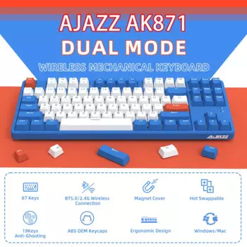 Клавиатура AJAZZ AK871 Беспроводная Механическая игровая, 75% дюйма, 87 клавиш, 2,4 ГГц/BT5.0