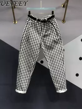 Клетчатые шаровары из денима с редисом, женские европейские товары, новинка весны 2024, универсальные свободные обтягивающие джинсы с высокой талией для похудения