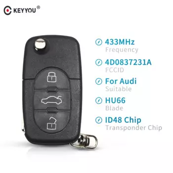 Ключ автомобильный KEYYOU 433 МГц с 3 кнопками для AUDI 4D0837231A 4D0 837 231 A Flip Fold ID48 Chip для A3 A4 A6 A8 старых моделей 1999-2002