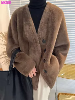 Кофейное/серое/розовое/белое пальто из искусственного меха женская зимняя свободная модная утолщенная теплая кардиган с V-образным вырезом норковая Меховая куртка пальто