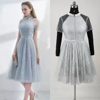 Коктейльные платья, серое Тюлевое кружевное элегантное платье трапециевидной формы с коротким рукавом, на молнии, Черное женское строгое платье с индивидуальным дизайном