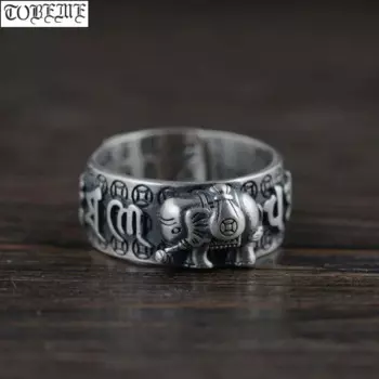 Кольцо со слоном на удачу из серебра 100% пробы, тибетское кольцо Ом Мани Падме Хум, буддистское кольцо Ом из чистого серебра, тибетское кольцо с изменяемым размером