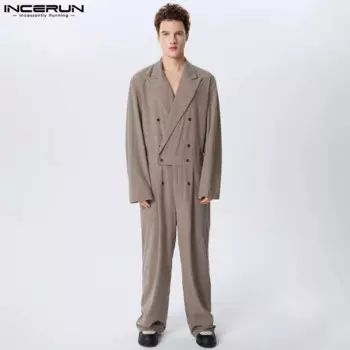 Комбинезон INCERUN 2024 в американском стиле, мужские Модные однотонные комбинезоны с текстурой, Повседневная Уличная одежда, комбинезоны в полоску с длинным рукавом, женский