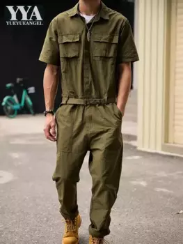Комбинезон Мужской Цельный с карманами, повседневный приталенный длинный брючный-карго в стиле сафари, винтажный костюм с короткими рукавами, на лето