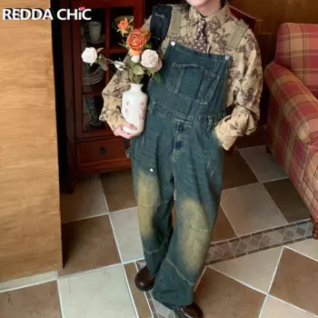 Комбинезон REDDACHiC мужской джинсовый, винтажный моющийся синий джинсовый комбинезон в стиле пэчворк, свободные брюки-комбинезон с карманами, повседневная одежда для работы с широкими штанинами