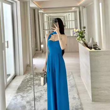 Комбинезон с высокой талией, синего цвета