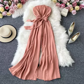 Комбинезон женский без бретелек, пикантный Модный Черный боди с открытой спиной, бандажный комбинезон с завышенной талией и широкими штанинами, костюм пляжного типа, черный