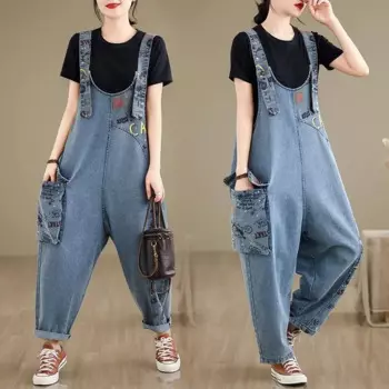Комбинезон женский джинсовый с высокой талией, Модный комбинезон со сращением, повседневный ковбойский свободный брючный костюм с принтом, джинсы-султанки, W322, на лето