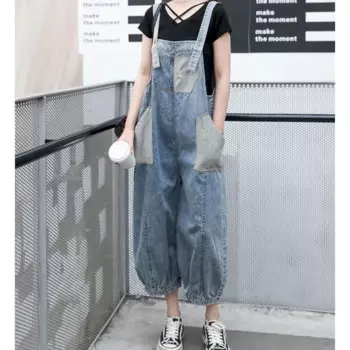 Комбинезон женский джинсовый свободного покроя, винтажный Повседневный слитный наряд, модный пляжный костюм в Корейском стиле, брюки-султанки, джинсы