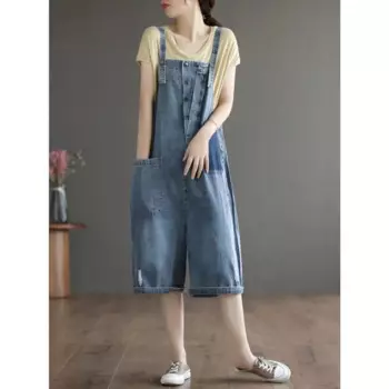 Комбинезон женский джинсовый свободного покроя, винтажный Повседневный слитный наряд, модный пляжный костюм в Корейском стиле, брюки-султанки, джинсы