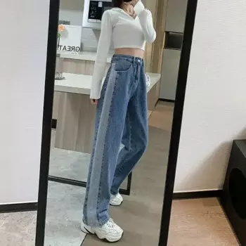 Комбинированные брюки с карманами женские джинсы с высокой талией брюки для женщин прямые штаны синие хиппи брюки Gyaru летние Стрейчевые