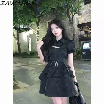 Комплект черного платья на пуговицах, женская одежда, облегающий бандажный комплект из двух предметов, Женская офисная одежда в стиле пэчворк