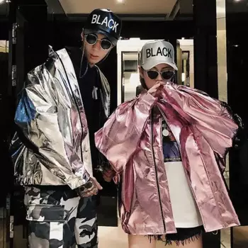 Комплект для джазовых танцев, уличных танцев, серебряный порошок, яркий свободный хип-хоп, корейская модная уличная одежда, кожаная куртка, пальто, мужская одежда