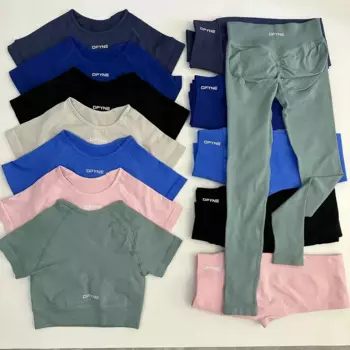 Комплект для йоги Dfyne женский бесшовный, тренировочный топ с коротким рукавом, блестящие леггинсы, брюки для фитнеса, облегающий спортивный костюм, 2 шт.