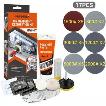 Комплект для восстановления фар, полировщик фар автомобиля, восстановитель, полировка, химическая полировка, паста, комплект, авто фары, воск, шлифовка